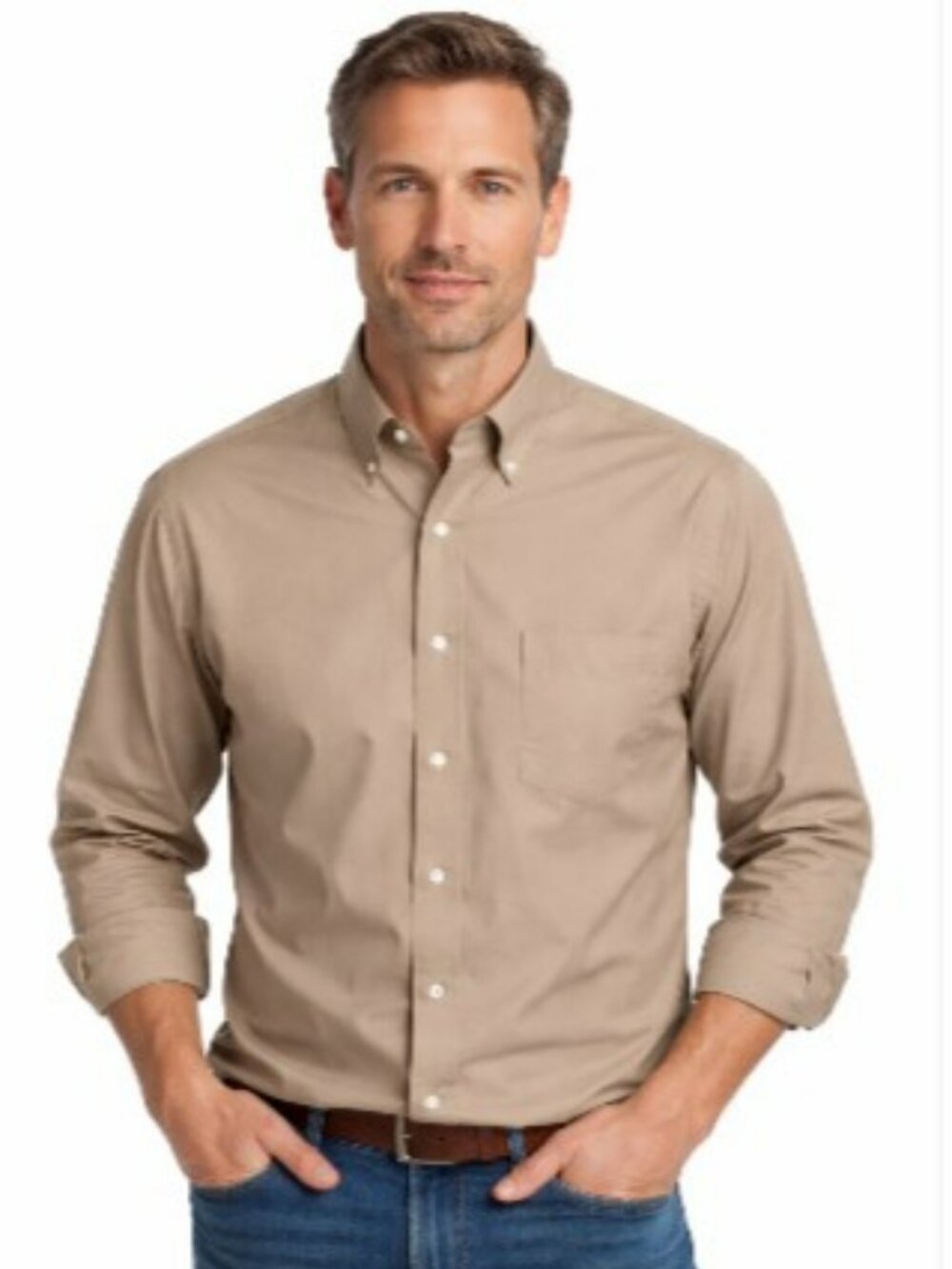 Roundtree & Yorke Gold Label Shirt Men 15.5 33 Tan 100% Cotton Long Sleeve
